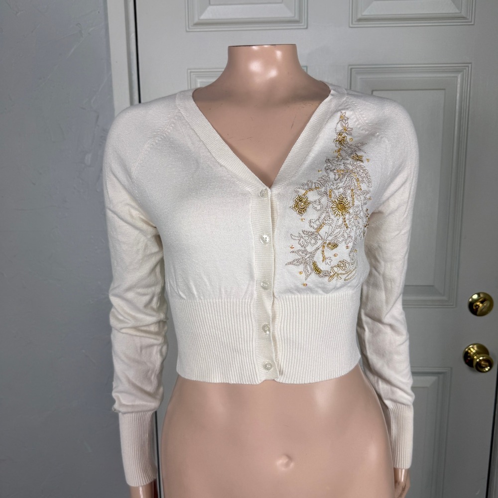 Vintage Y2K Roxy Women Sweater Medium Beaded Knit Button Crop Cardigan C3-20